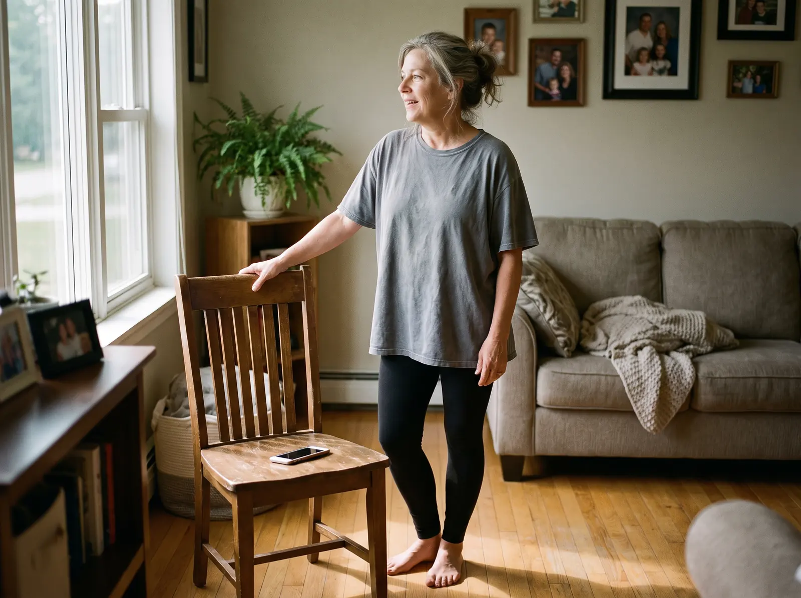 A woman in her sixties resting a hand on the back of a chair in her living room, catching her breath after finishing, her phone on the seat.