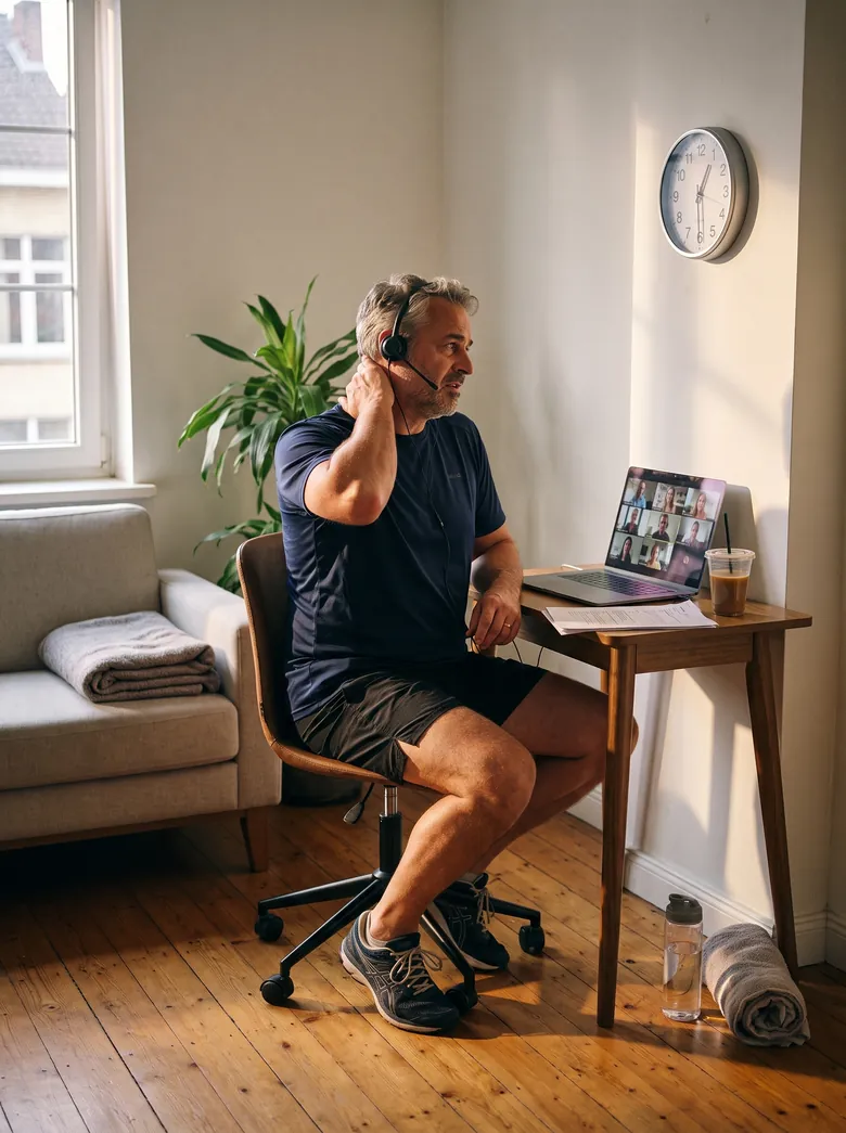 A man in his fifties sitting at his work chair with a headset and a video call on the laptop, papers and a cold coffee on the desk.