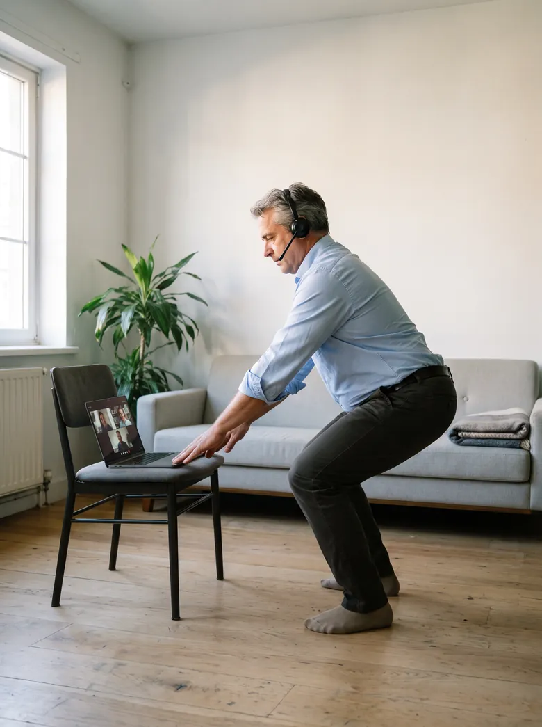 The same man, in the same living room, squatting down to the seat of the chair with the laptop still open on the desk.