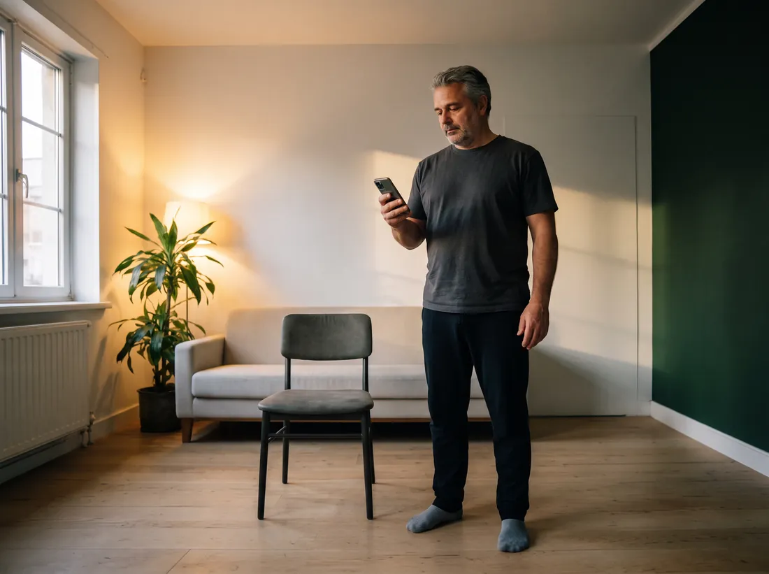 A man in his fifties standing in his living room, the chair already pulled out and his phone in hand, reading today's session.